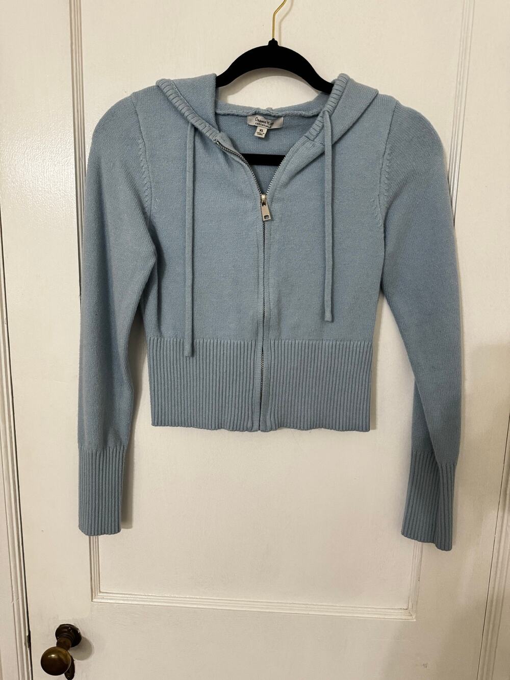 Orange Kiss Essentials Light Blue Ribbed Knit Zip-Up Hoodie Sweater